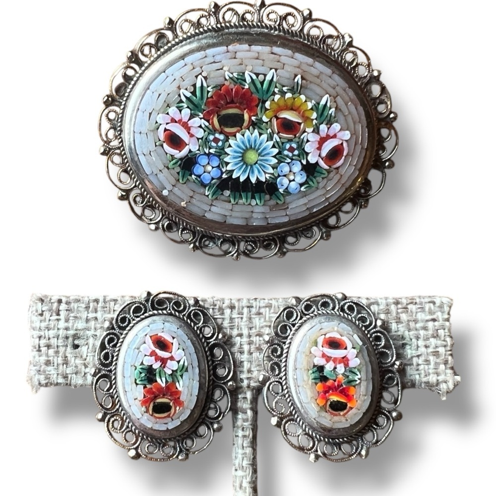 Italian Floral Micro Mosaic Brooch and Clip-on Earring Set